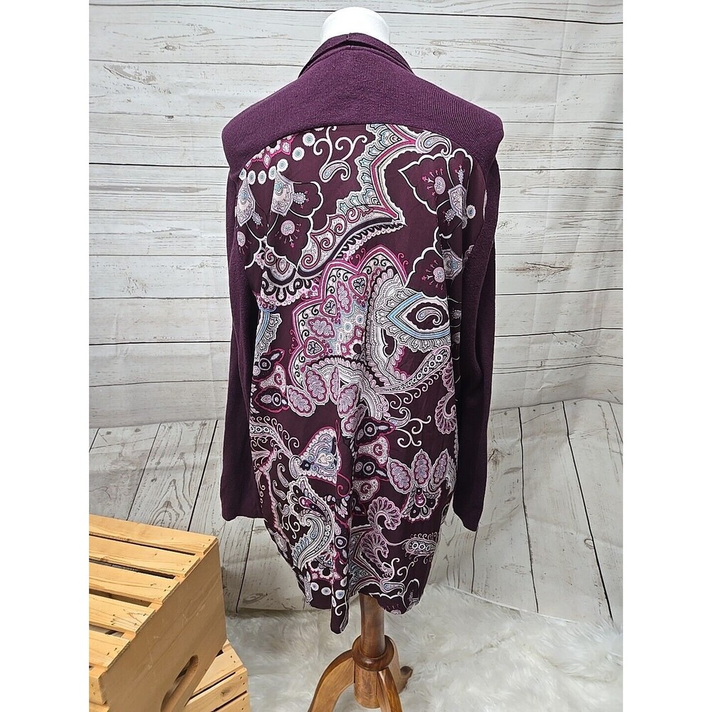 Chicos Cardigan Womens 3 US XL‎ Open Front Purple Cotton Blend Ribbed Paisley
